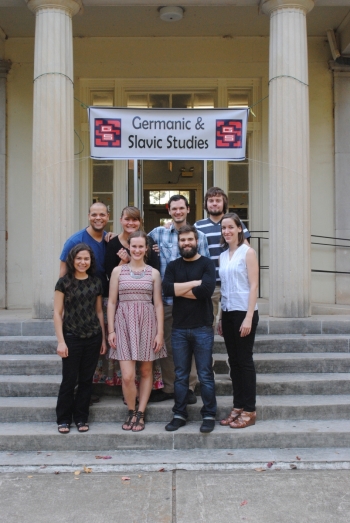 Graduate students on the steps of Joe Brown Hall (Departmental Social, Fall 2014)