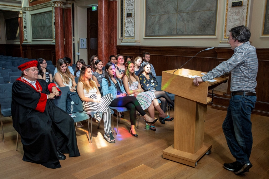 American exchange students attend a lecture in a historic building in Rostock, Germany.