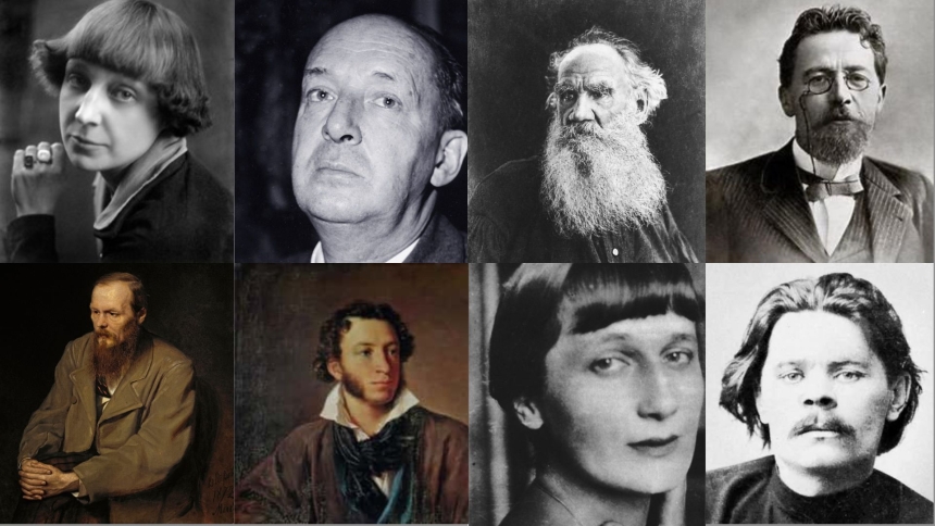 Famous Russian Authors, from top left to bottom right: Marina Tsvetaeva, Vladimir Nabokov, Leo Tolstoy, Anton Chekhov, Fyodor Dostoevsky, Alexander Pushkin, Anne Akhmatova, Maxim Gorky. 