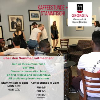 A summer schedule for Stammtisch and Kaffestunde virtual conversation tables, held the last Friday and First Monday of each month through Aug. 2020 via Zoom.
