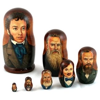 Nesting dolls with noted Russian authors featured on each one.