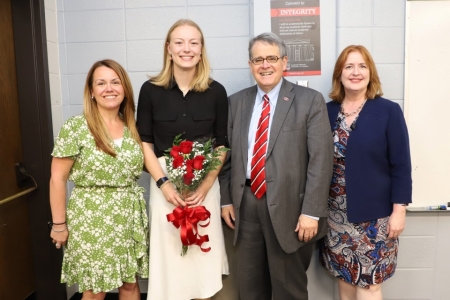 UGA President Jere W. Morehead and Meg Amstutz, dean of the Morehead Honors College, surprised senior Sadie Bengs with the news that she is a 2025 Truman Scholar during her class on Monday, April 14. Bengs was attending a course on American foreign policy, taught by Maryann Gallagher, director of the Richard B. Russell Security Leadership Program.
