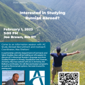 Flyer for information session. Background is a man standing in front of a green mountain range with his arms spread wide. Flyer title: Interested in Studying Russian Abroad? 